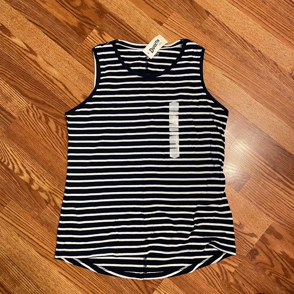 Duluth Trading Co Navy and White Striped Tank Top